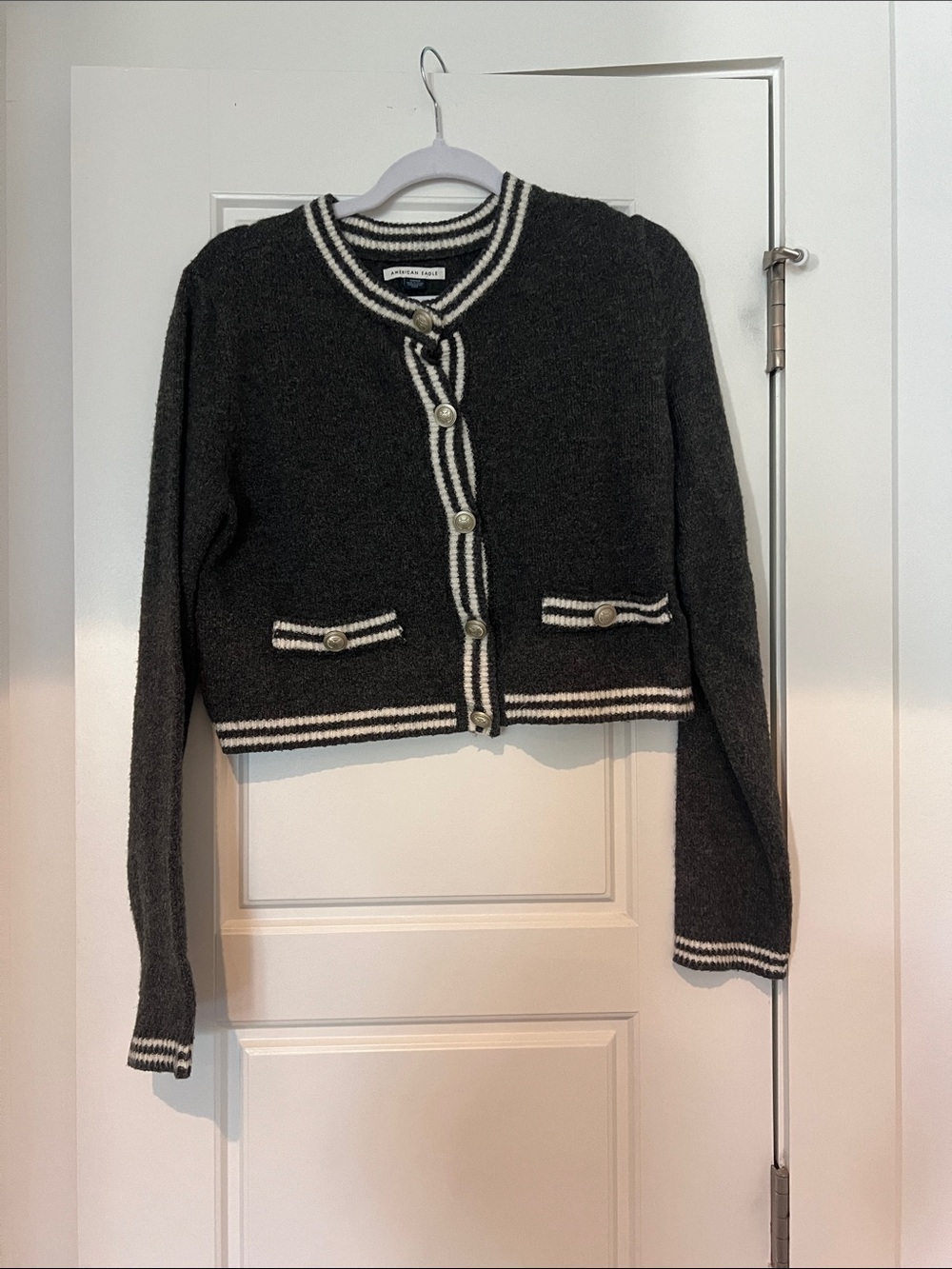 American Eagle Outfitters Charcoal and White Striped Knit Cardigan